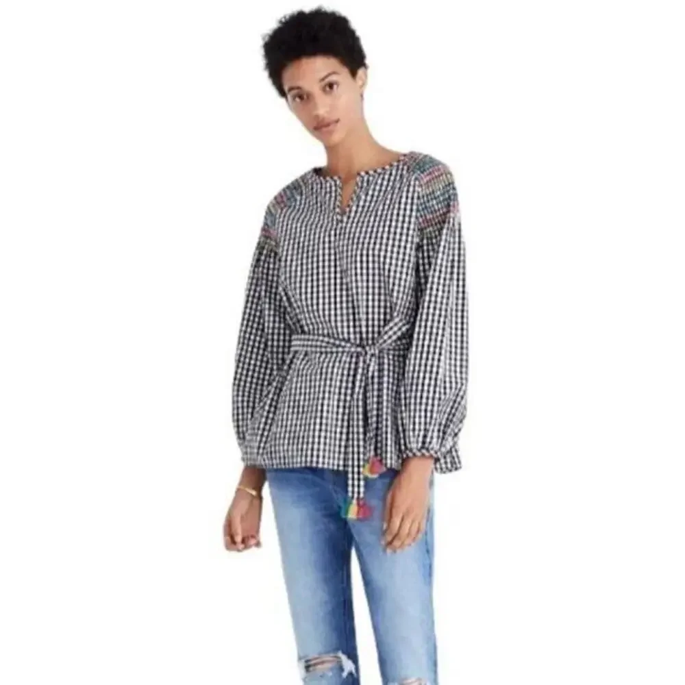 Madewell Black White Balloon Sleeve Tie Waist Smocked Gingham Top Size M